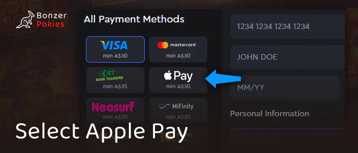 Select the Apple Pay method for deposit