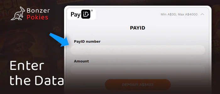 Enter PayID data for deposit