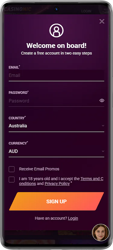 Screen of Casinonic registration page