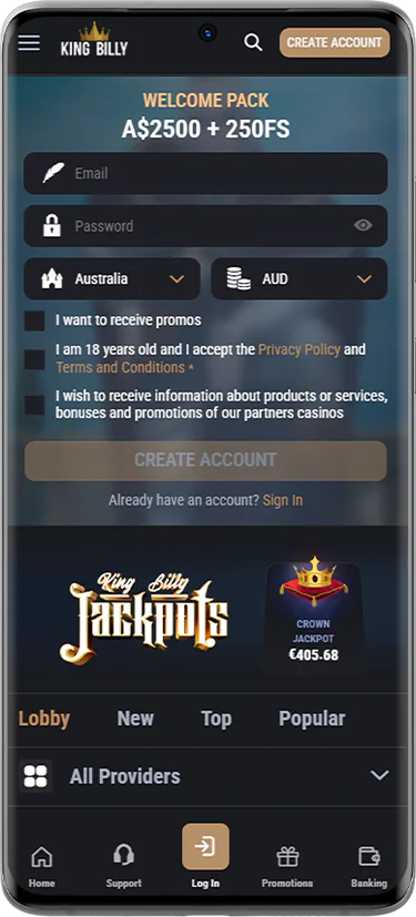 King Billy Casino home page - screenshot