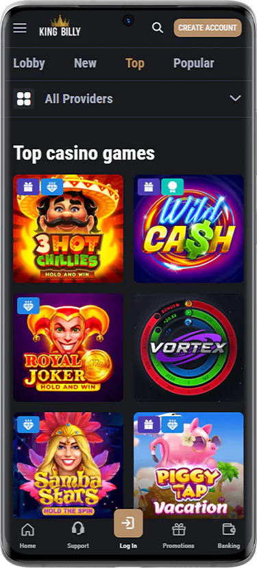 King Billy Casino online pokies section - screenshot