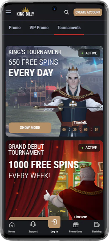 Screenshot of tournaments for Aussies on the King Billy Casino website