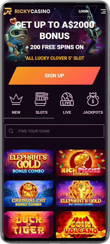 A screenshot of the Ricky Casino homepage