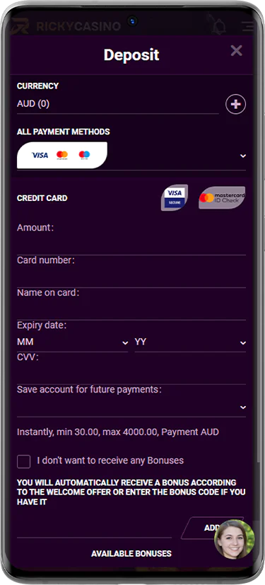 Screenshot of depositing in AUD currency on Ricky Casino website