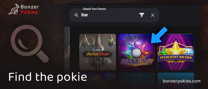 Find Starburst pokie in the casino lobby search