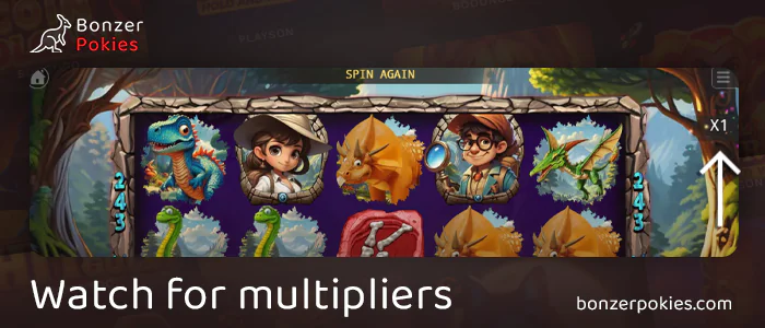 Play and get multipliers in Dinosaur Park pokie