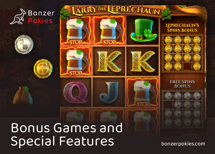 Bonus features in the online pokie Larry the Leprechaun