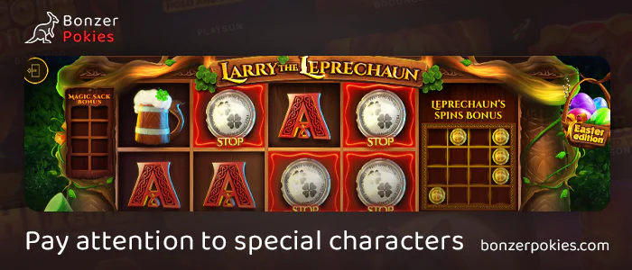 Catch special symbols to activate bonus features in Larry the Leprechaun