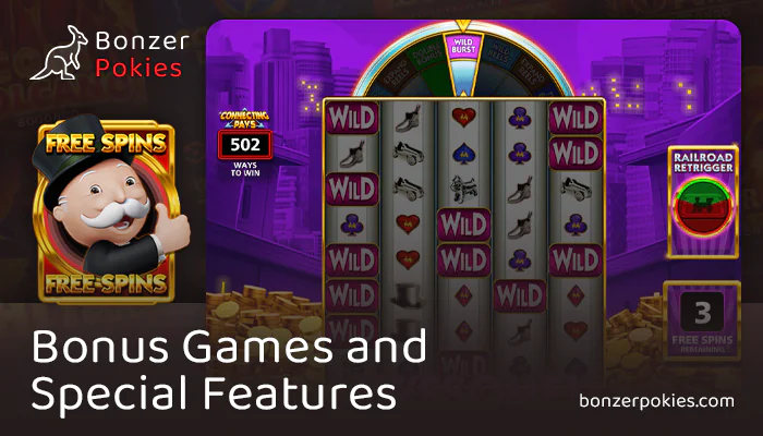 What are the bonus features in Monopoly Super Wheel Bonus pokie