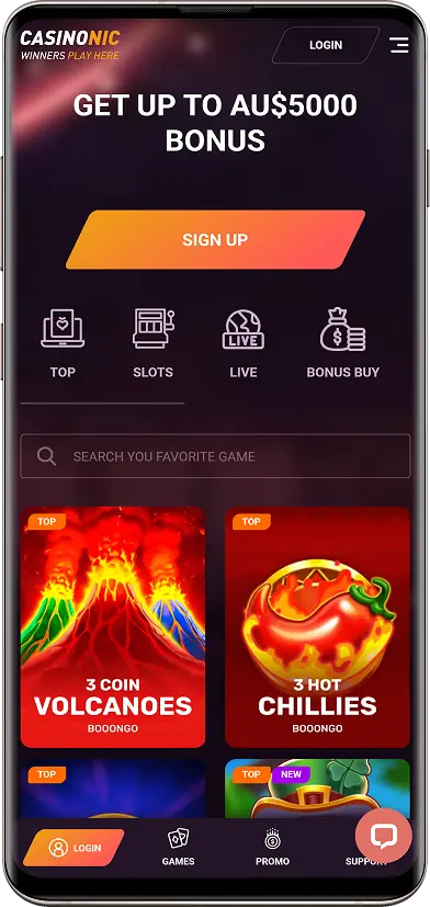Screenshot of the Casinonic casino homepage