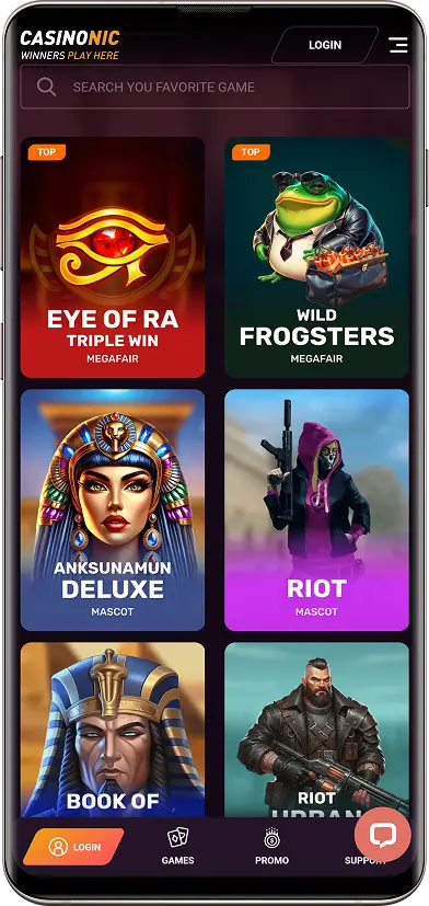 Screenshot of the Casinonic casino lobby