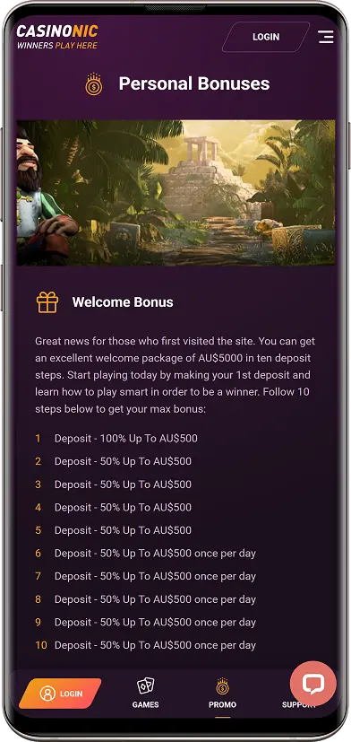 Screenshot of promotions at Casinonic casino
