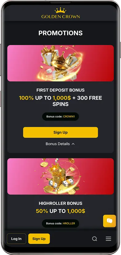 Screenshot of promotions at Golden Crown Casino