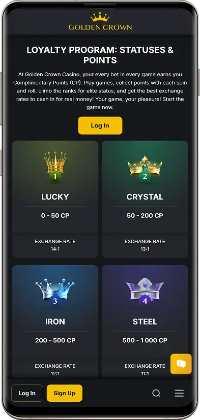 Screenshot of loyalty programs at Golden Crown Casino