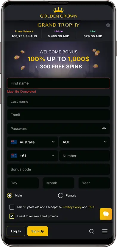 Screenshot of the Golden Crown Casino registration