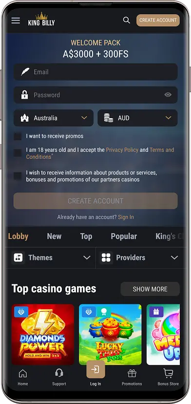 A screenshot of the King Billy Casino homepage