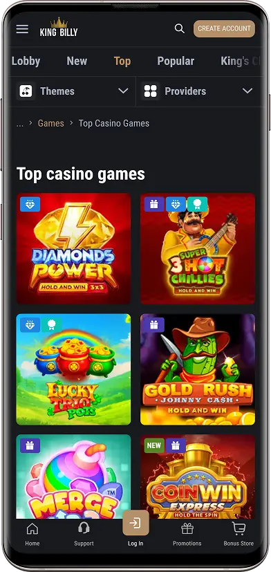 Screenshot of the lobby at King Billy casino