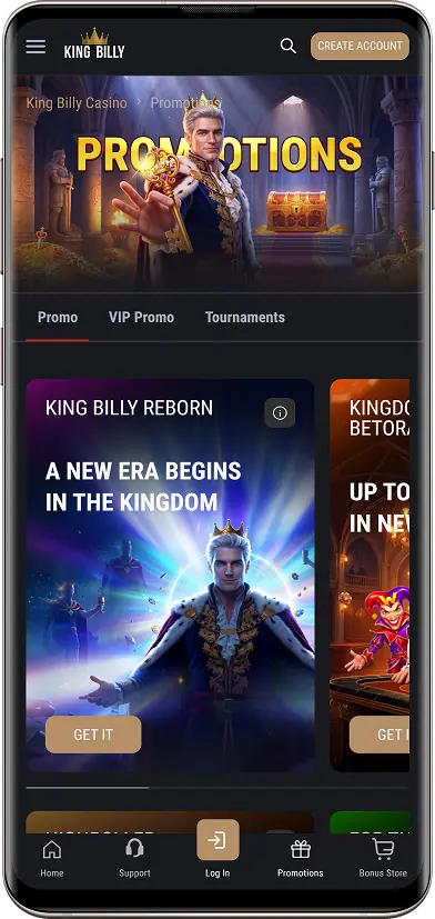 Screenshot of promotions at King Billy Casino