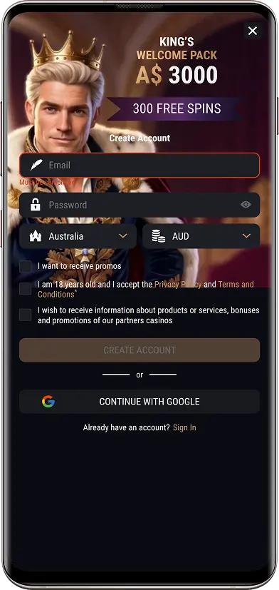 Screenshot of the King Billy Casino login
